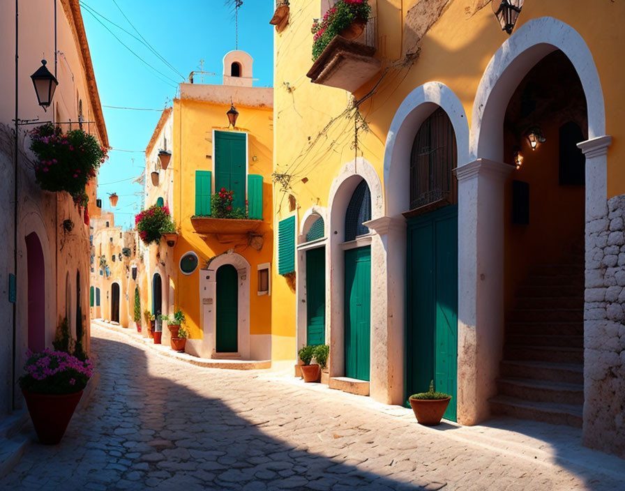 European cobblestone street with colorful buildings and flower pots