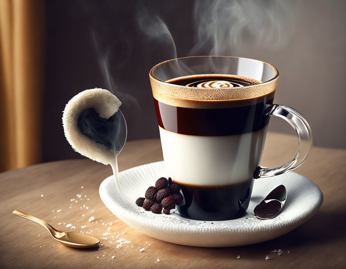 Steaming Cup of Coffee with Heart Latte Art and Coffee Beans