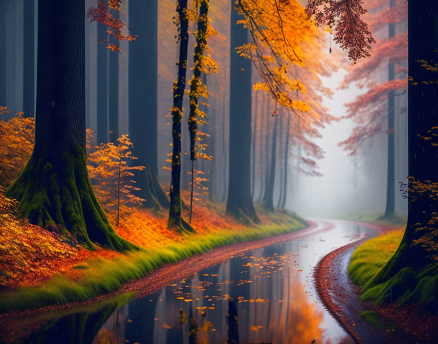 Tranquil Autumn Forest Scene with Winding Wet Road