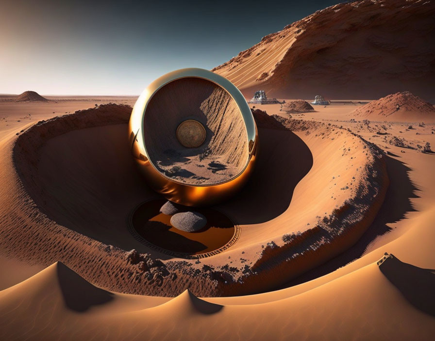 Futuristic spherical structure in desert crater with domed habitats on horizon