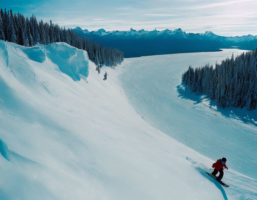 Person snowshoeing on snowy slope with forest and mountain range under clear blue sky