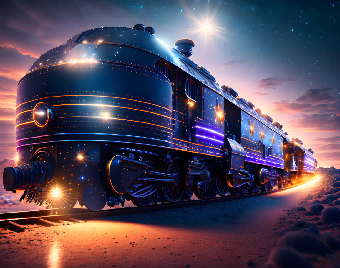 Retro-futuristic train with glowing blue lights under starry sky