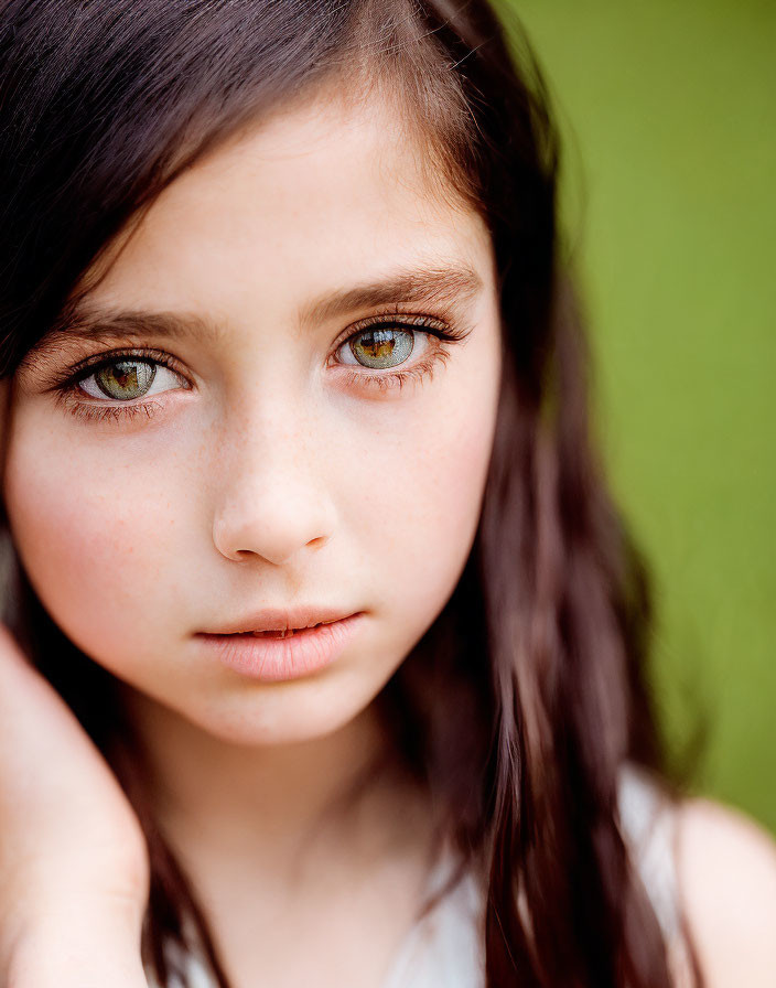 Portrait of young girl with dark hair and green eyes smiling, against blurred green background