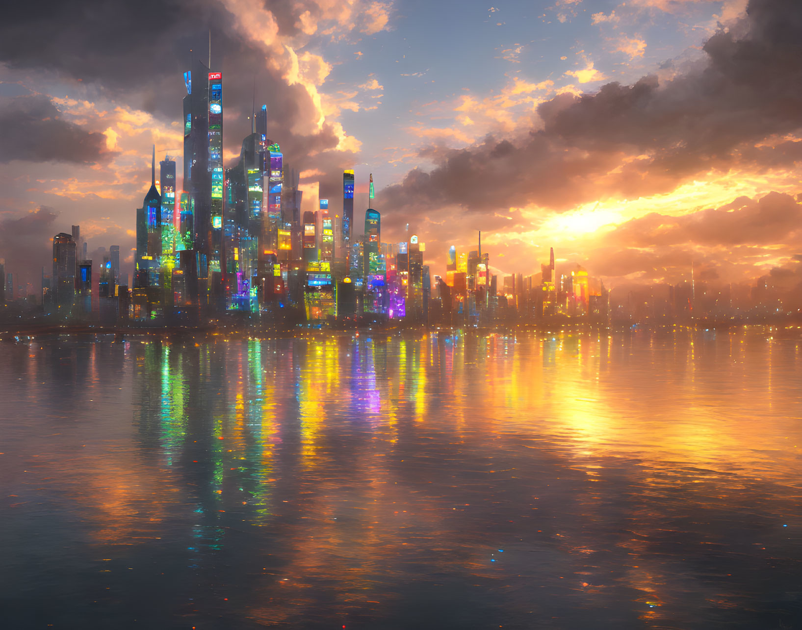 Futuristic cityscape at sunset with vibrant lights and dramatic sky