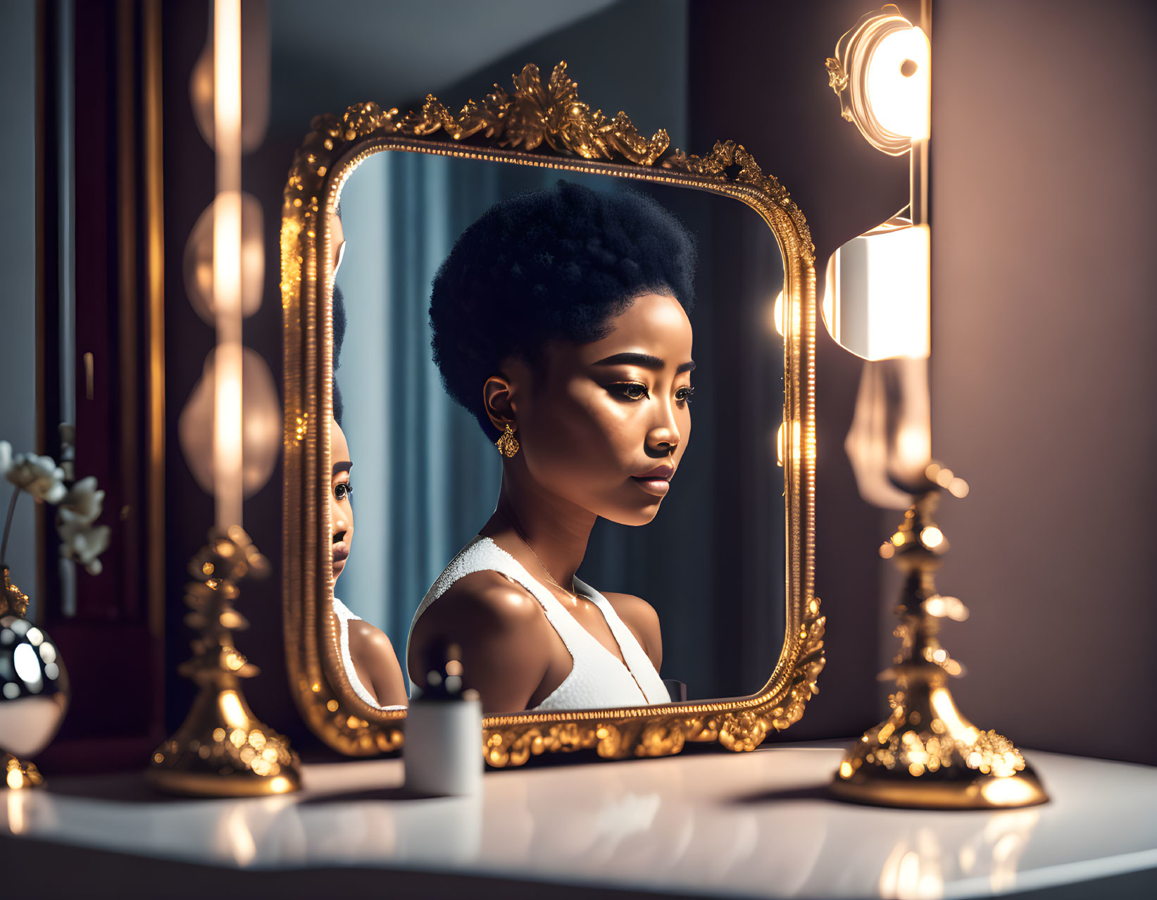 Elegant woman with hairstyle reflected in vintage ornate mirror.