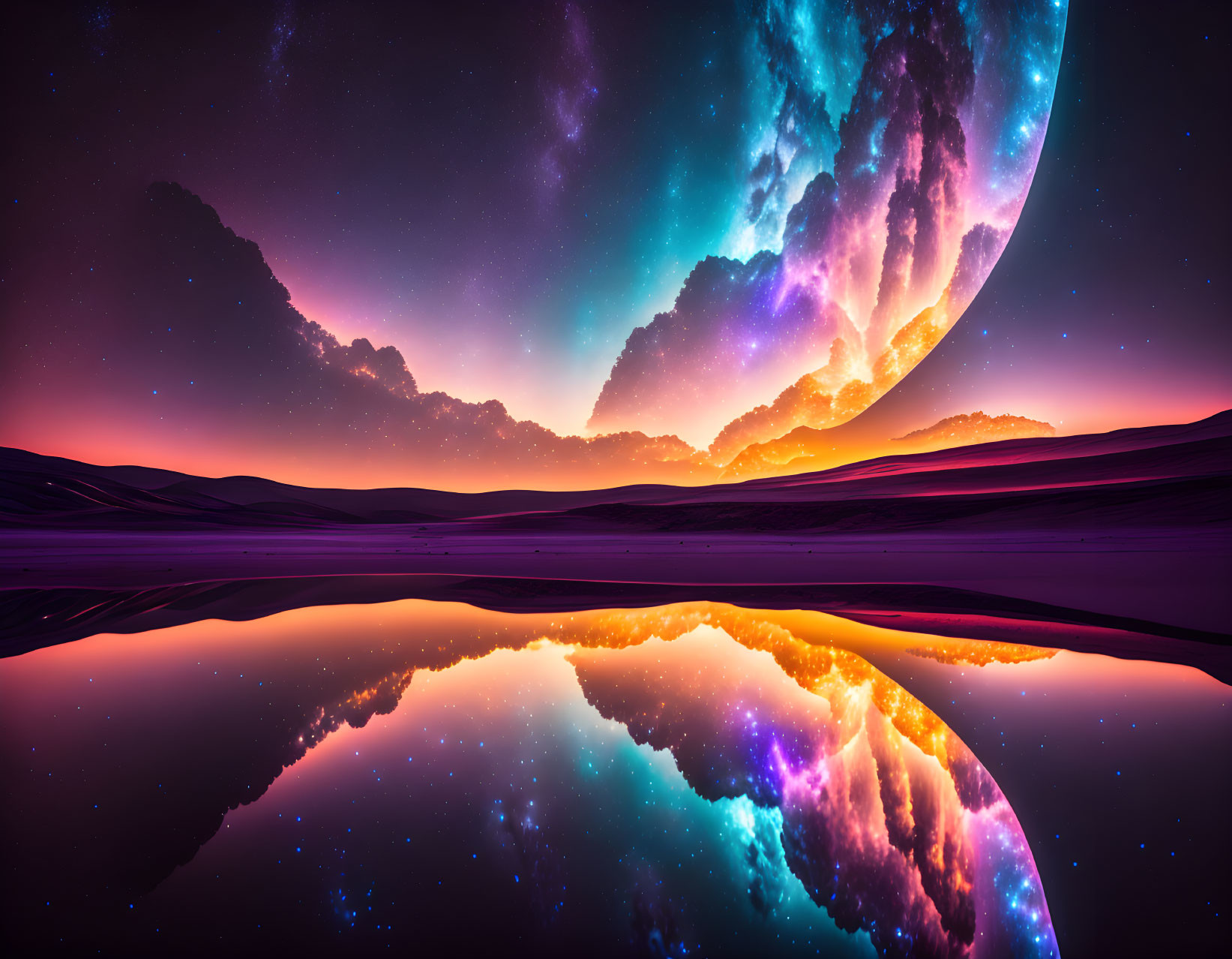 Surreal planet over desert with colorful sky