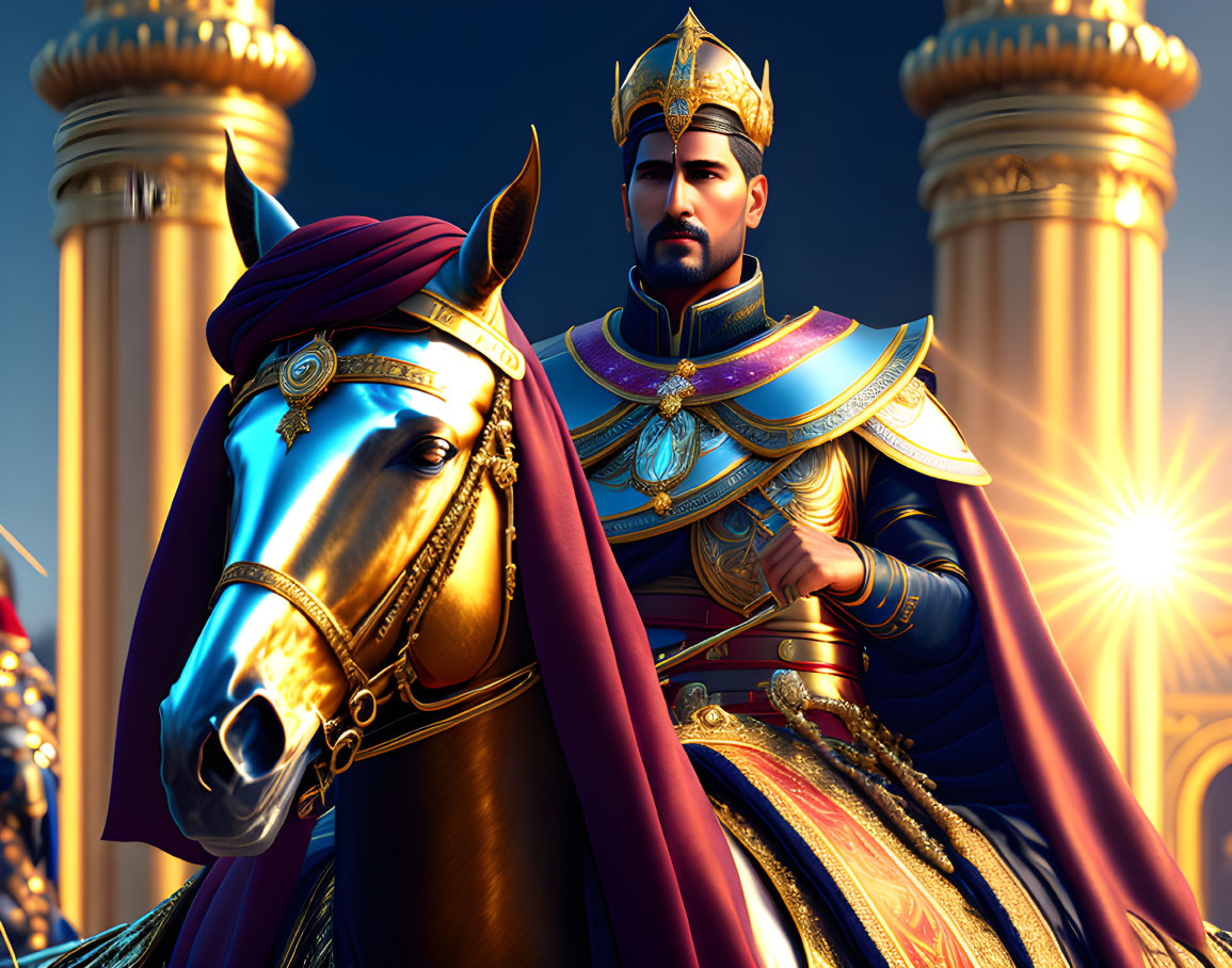 3D-rendered king on horse with ornate armor and classical columns at sunset