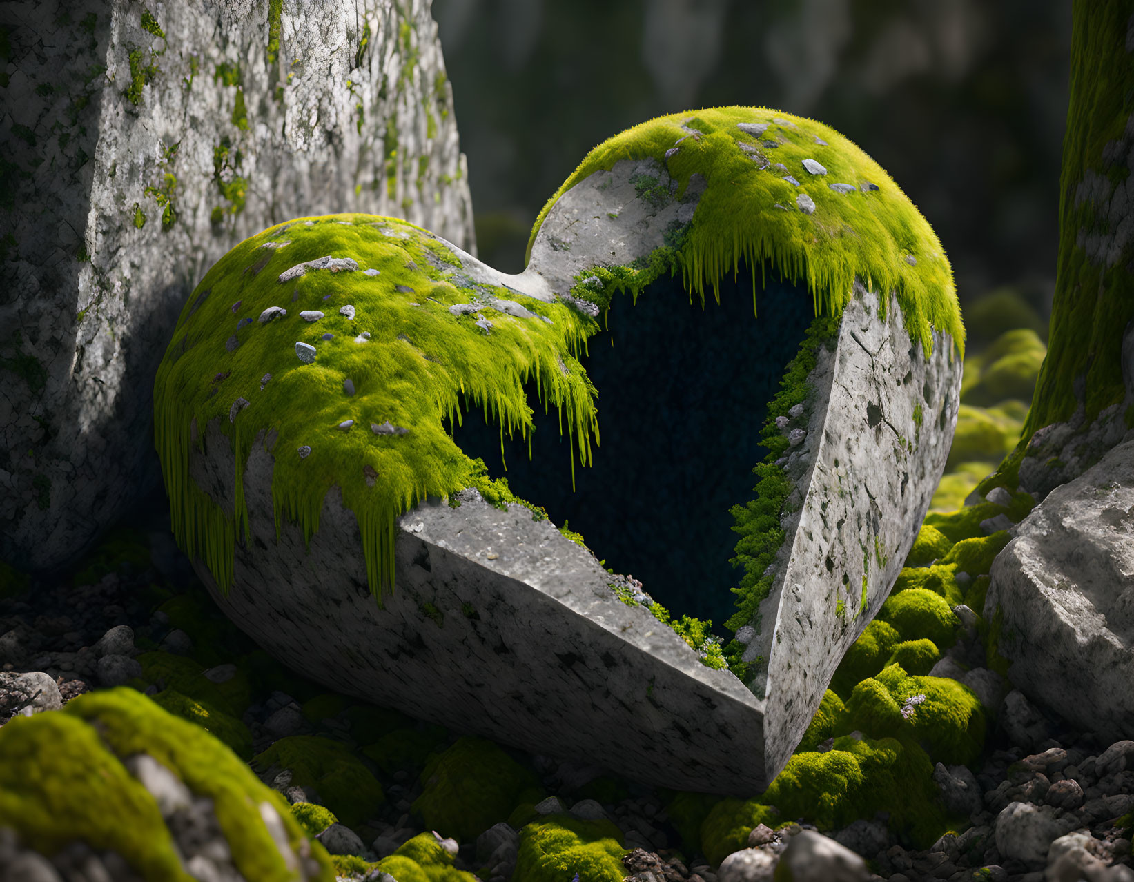 Split Stone Heart Shape with Moss and Plants in Rocky Terrain