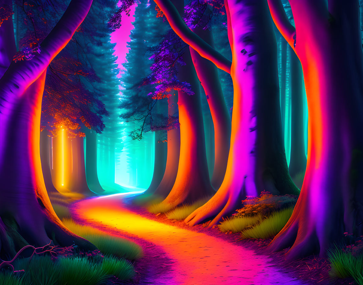 Neon-lit pathway through mystical forest with glowing trees