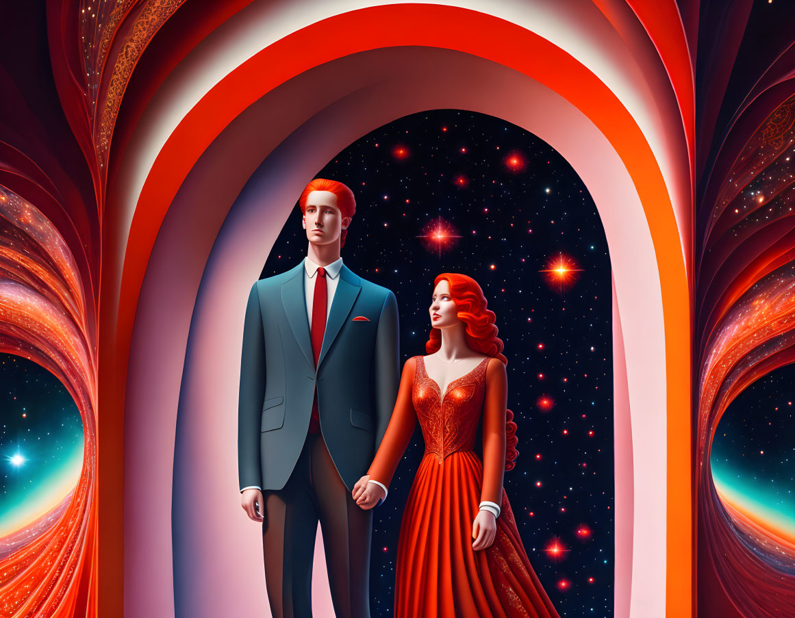 Stylish couple in vibrant cosmic setting with surreal arches