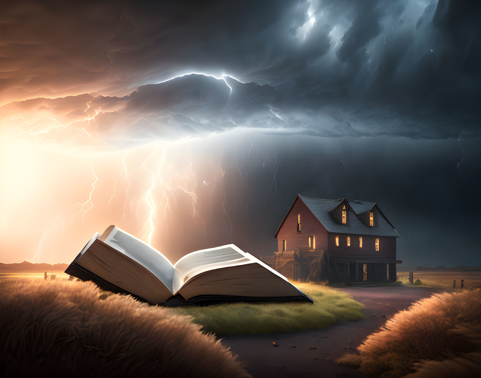 Gigantic open book in field with stormy sky & lightning