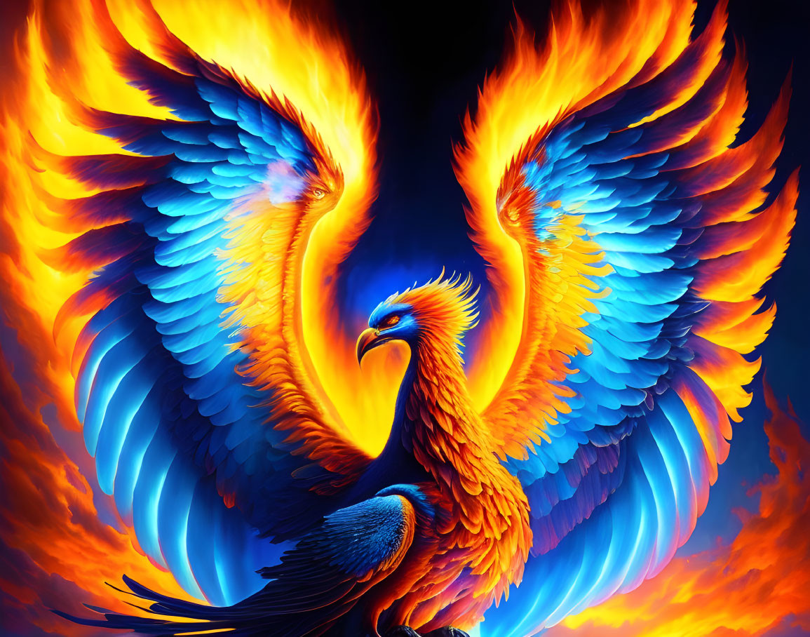 Colorful Phoenix Artwork with Fiery Feathers and Blazing Background