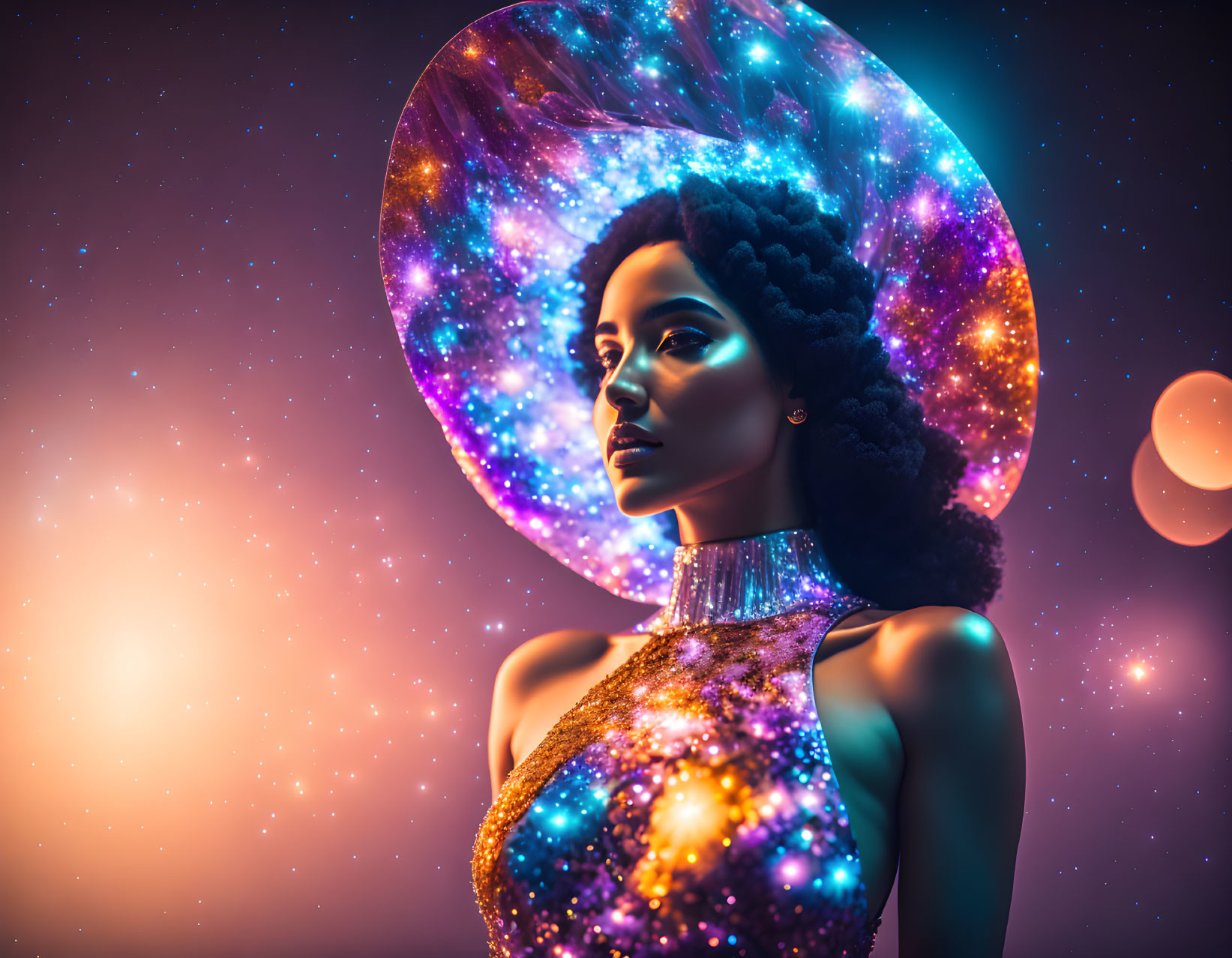 Woman with Afro in Sparkling Dress Against Galaxy Backdrop