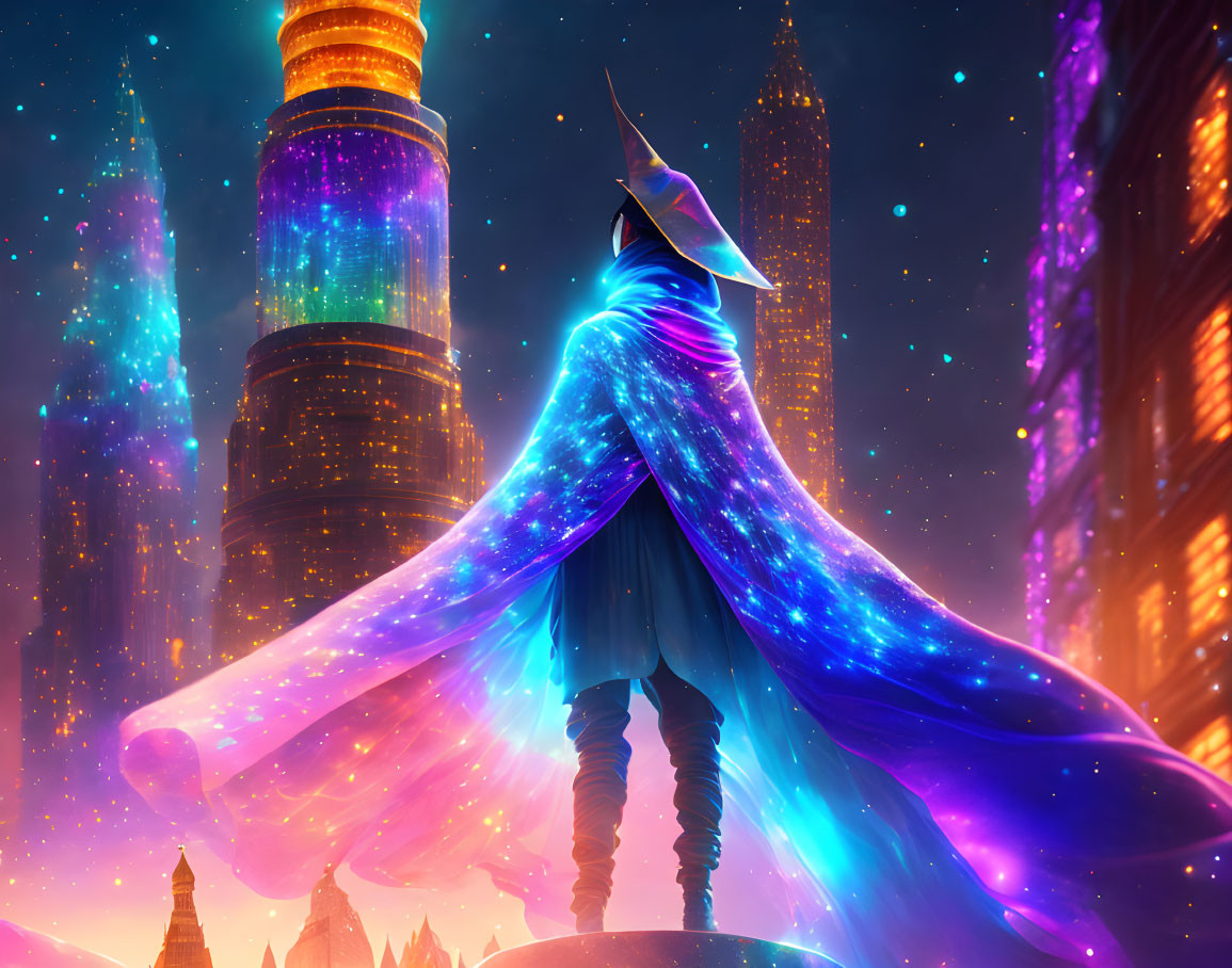 Wizard in Galaxy Cloak Amid Neon Cityscape at Dusk