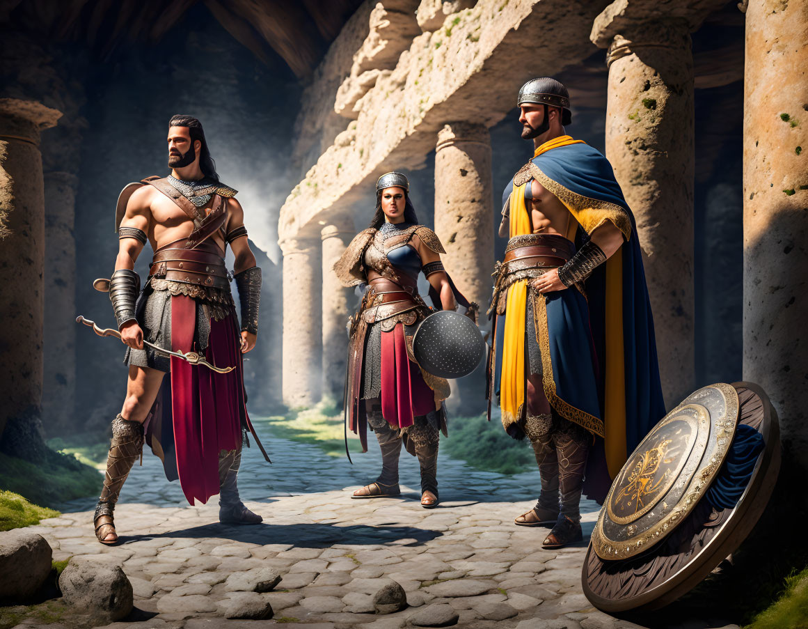 Three ancient warriors in traditional armor with swords and shields standing in a stone-columned hall.