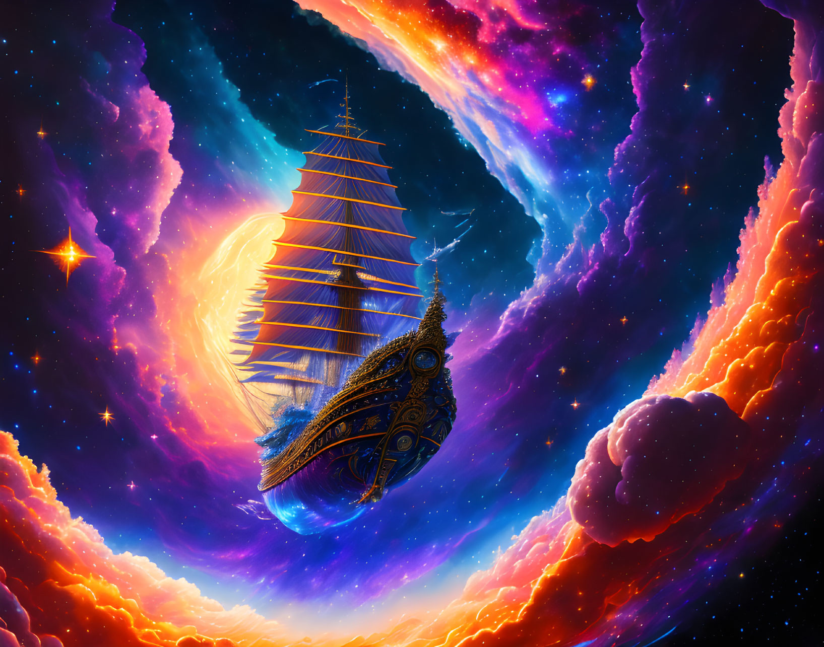 Sailing Ship in Vibrant Cosmic Nebula with Twinkling Stars