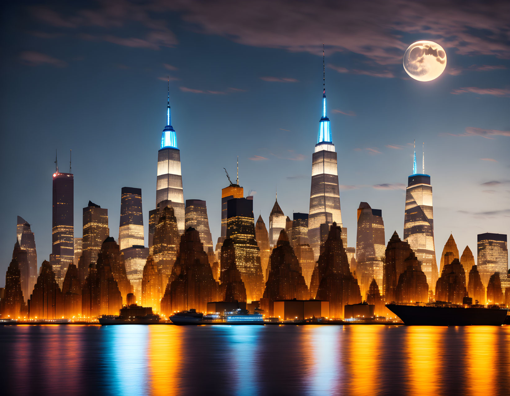 Moonlit Night Skyline with Illuminated Skyscrapers Reflecting on Water