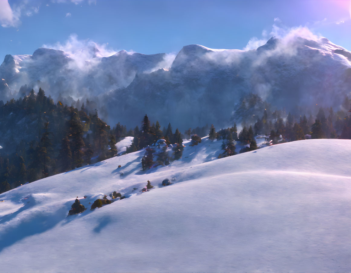 Winter landscape with snow-covered hills, evergreen trees, and misty mountains.