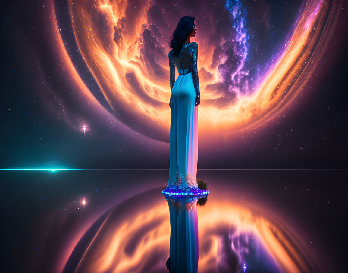 Woman gazing at vibrant cosmic swirl in surreal space