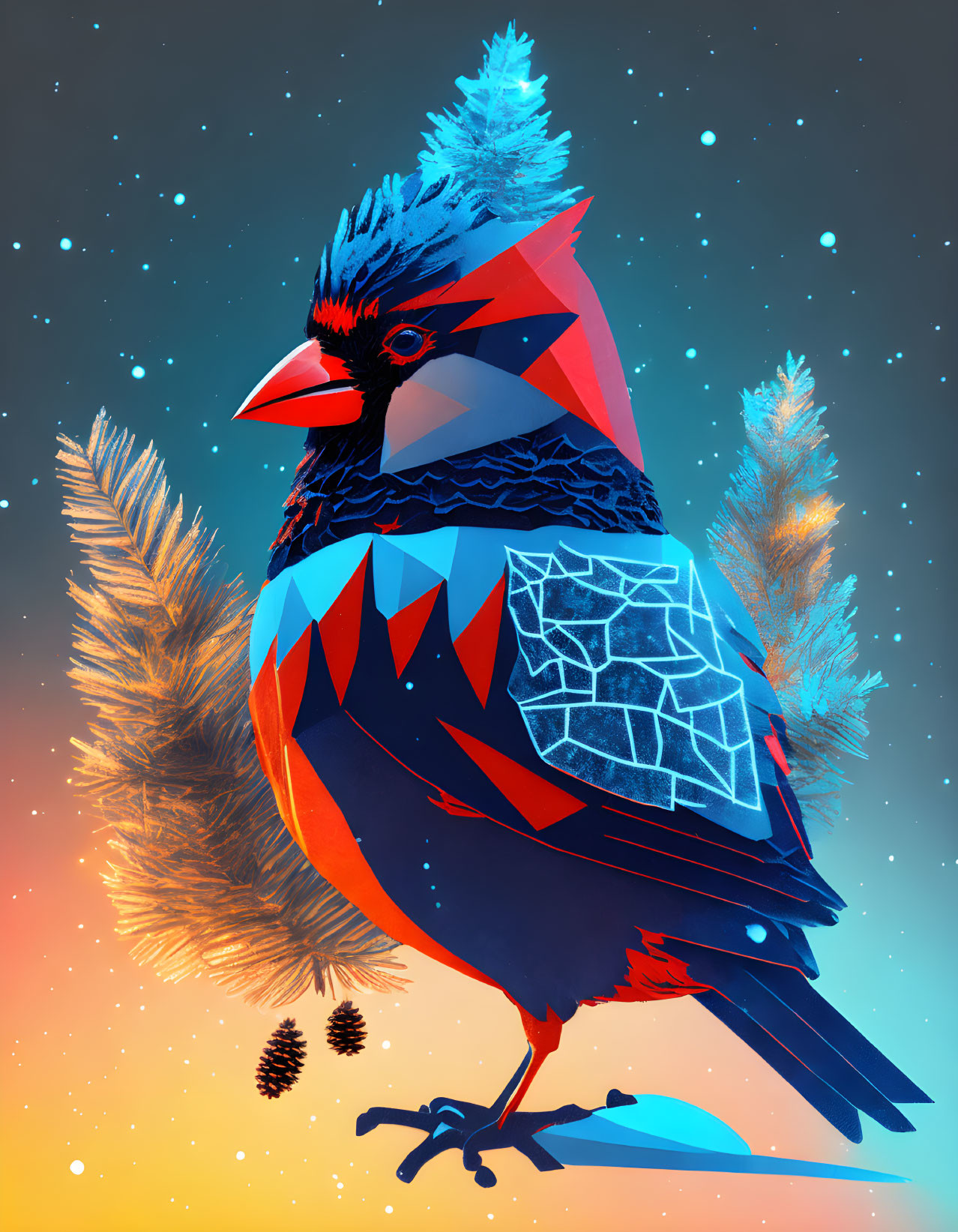 Colorful geometric bird illustration in night sky with pine branches