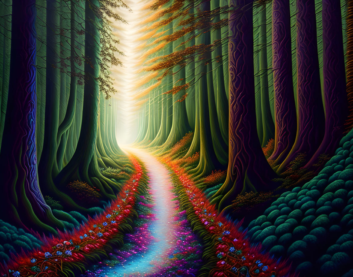 Enchanting forest path with vibrant flora and towering trees