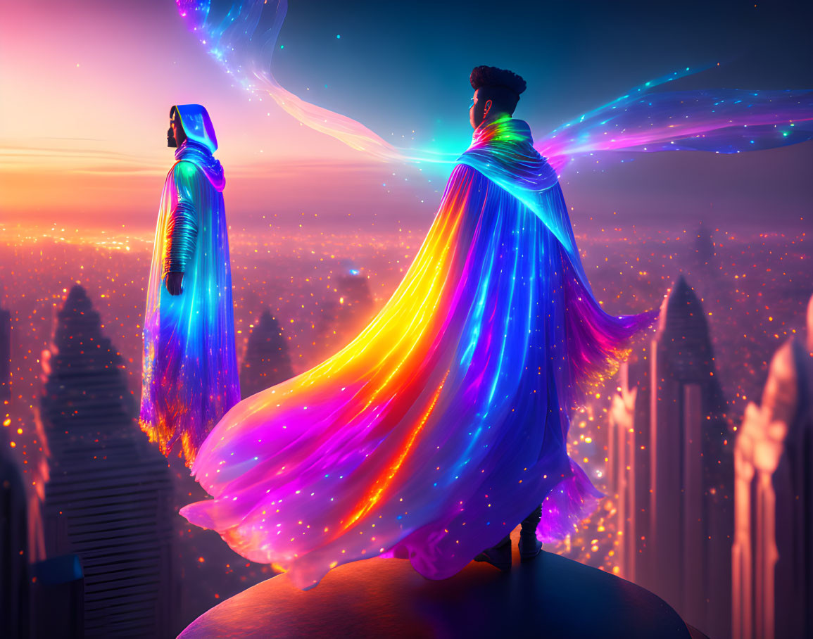 Luminous figures on sphere with cosmic glow overlooking cityscape