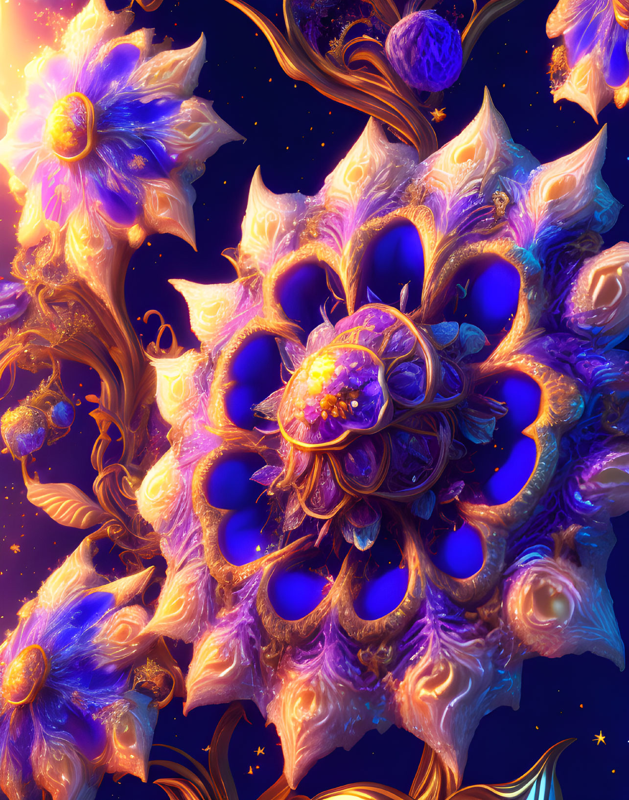 Colorful fractal design with blue and gold cosmic flower patterns