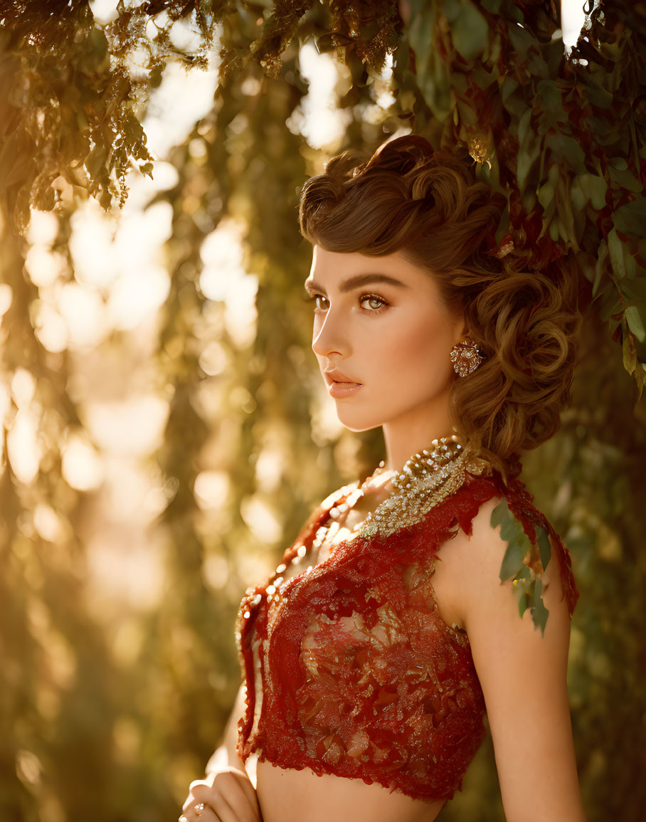 Elegant woman in intricate attire posing under golden sunlight.