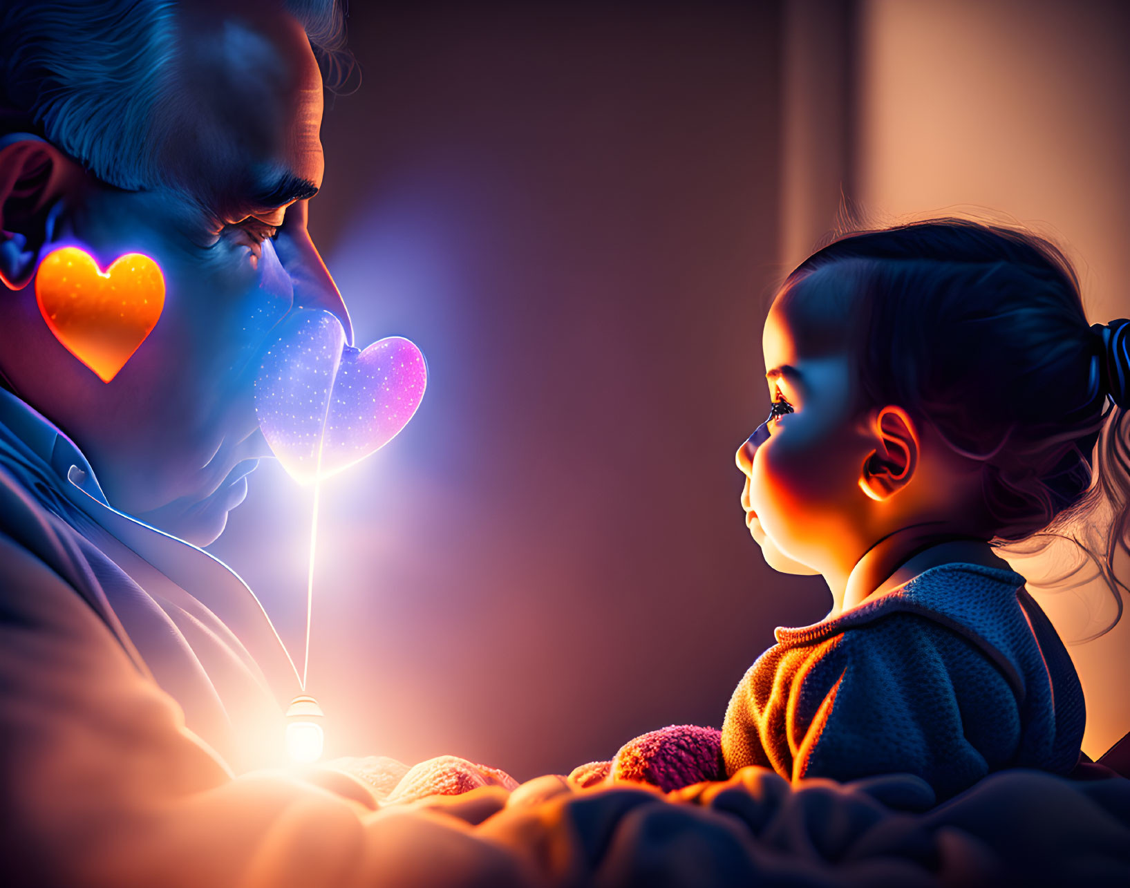 Elderly man and child bond under heart-shaped lights