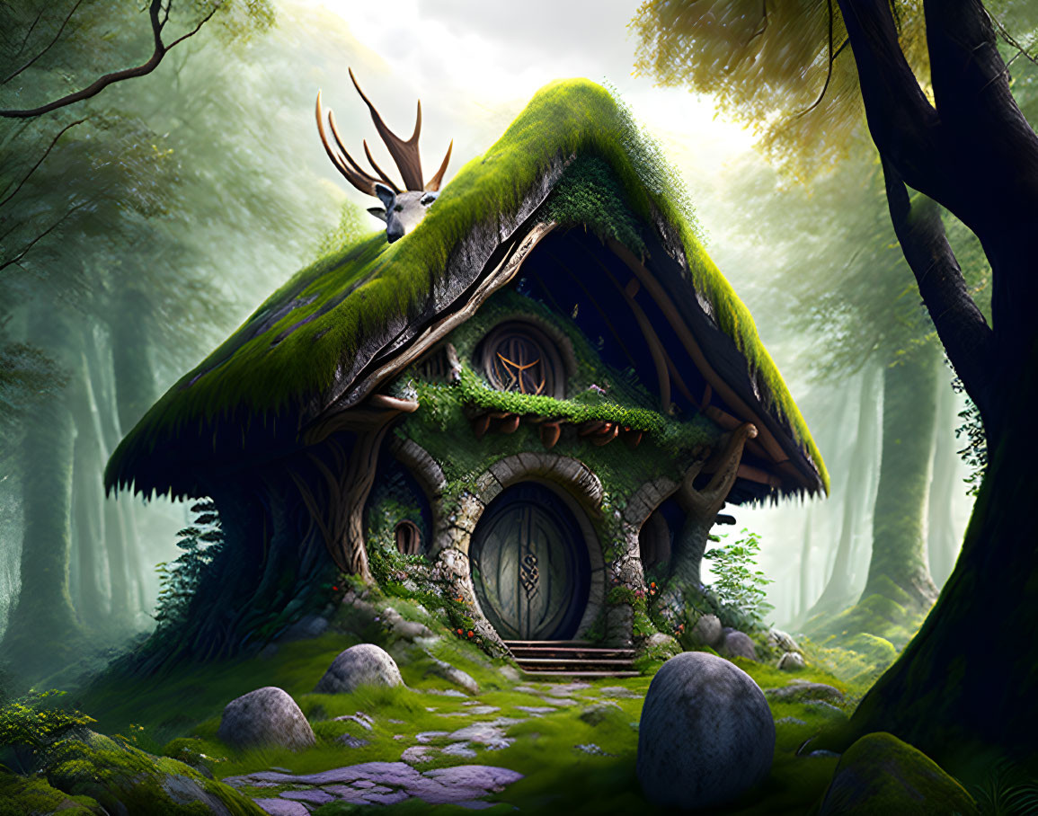 Thatched Roof Cottage with Moss-Covered Walls and Antlered Creature in Enchanted Forest