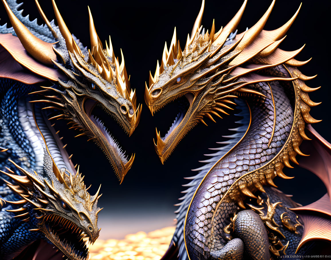 Intricately detailed golden dragons facing each other in dramatic sky.