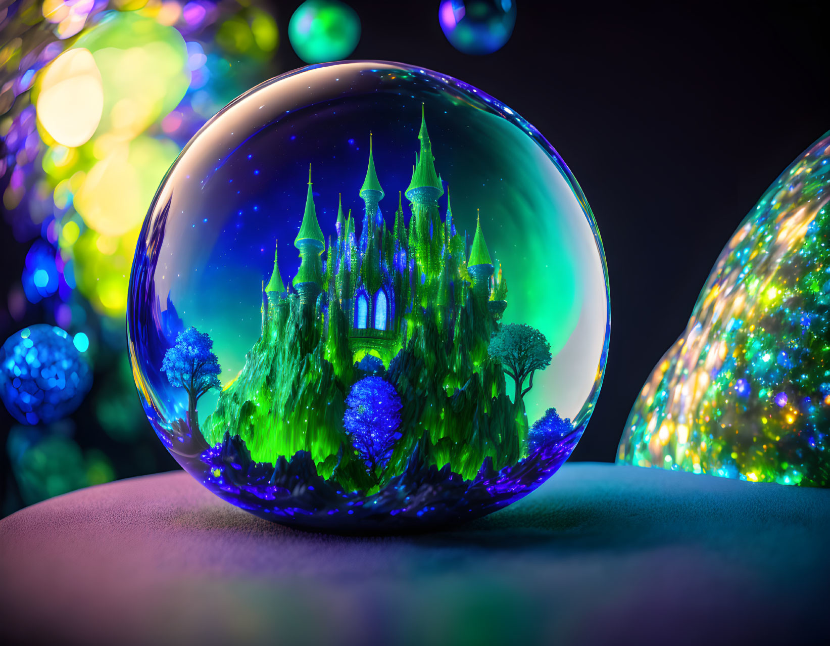 Glowing Green Castle Surrounded by Trees and Colorful Orbs