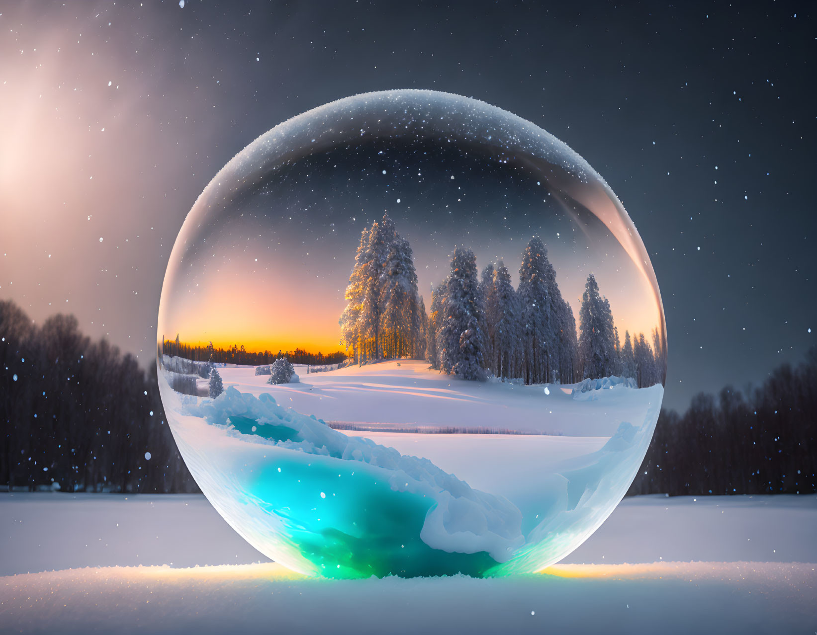 Snow-covered trees in wintry bubble under sunset sky