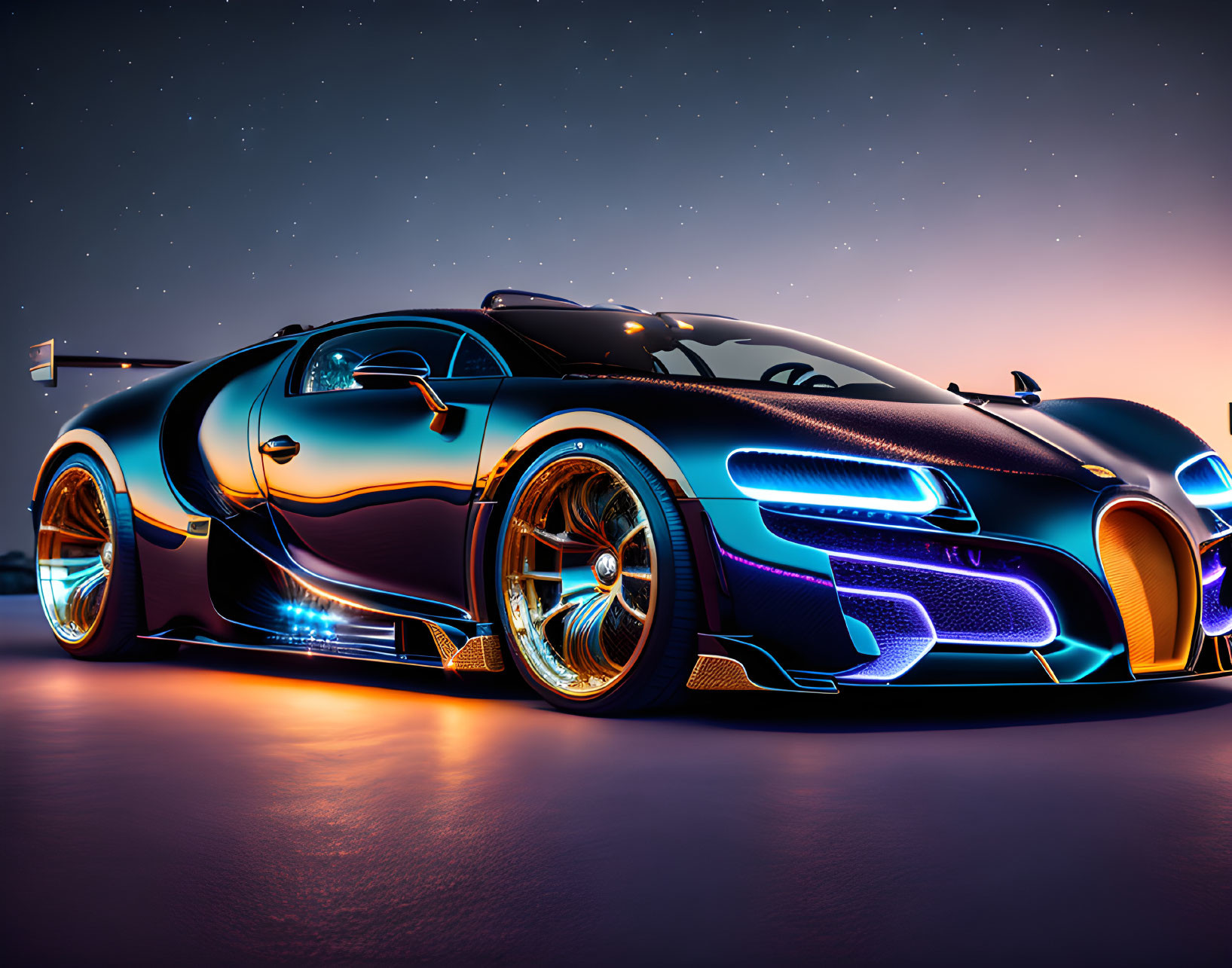 Luxurious Bugatti sports car with neon underglow and illuminated details under starry sky