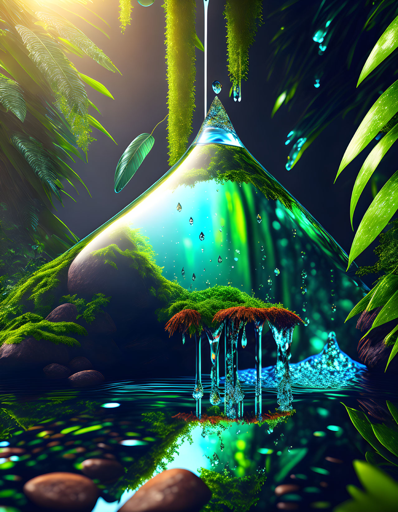 Digital Art: Glass Flask Mini Ecosystem with Greenery, Trees, and Water Droplets