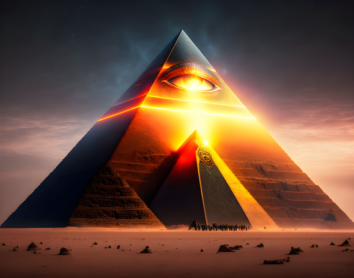 Surreal pyramid with illuminated eye and light beam in desolate landscape