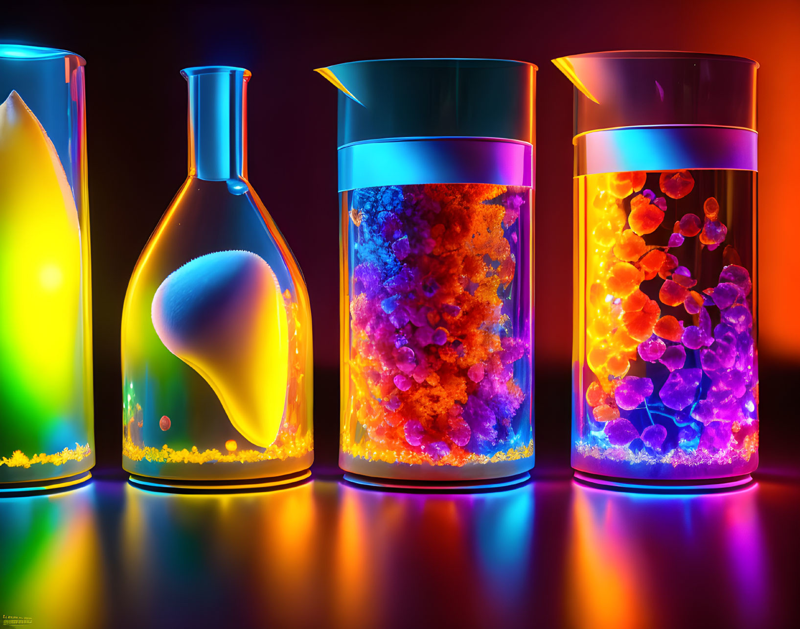 Colorful reactions in illuminated liquid-filled containers