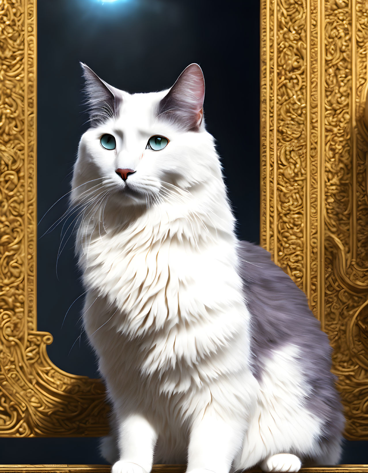 White Cat with Blue Eyes in Front of Golden Mirror