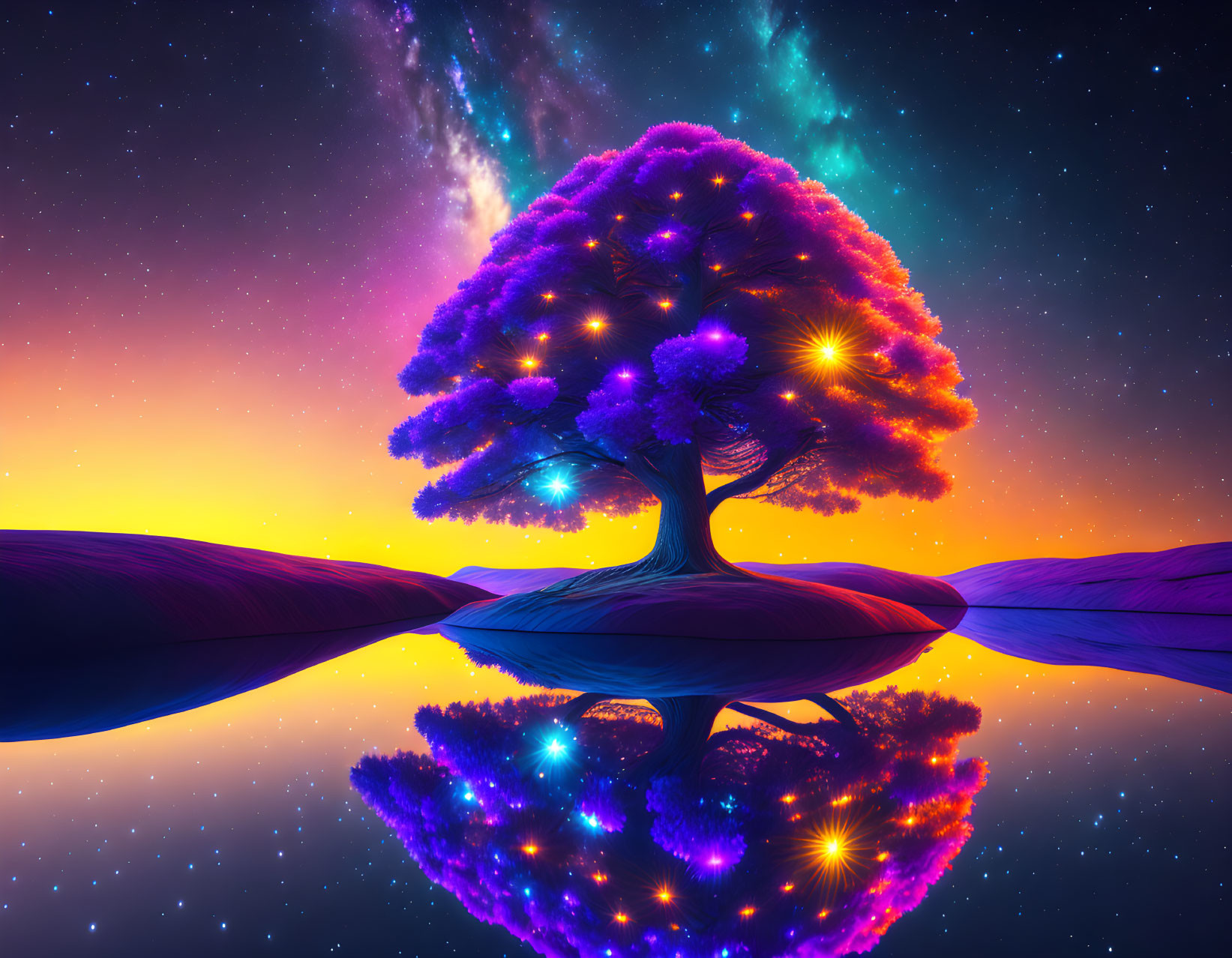 Digital artwork of purple foliage tree under starry sky reflected on water