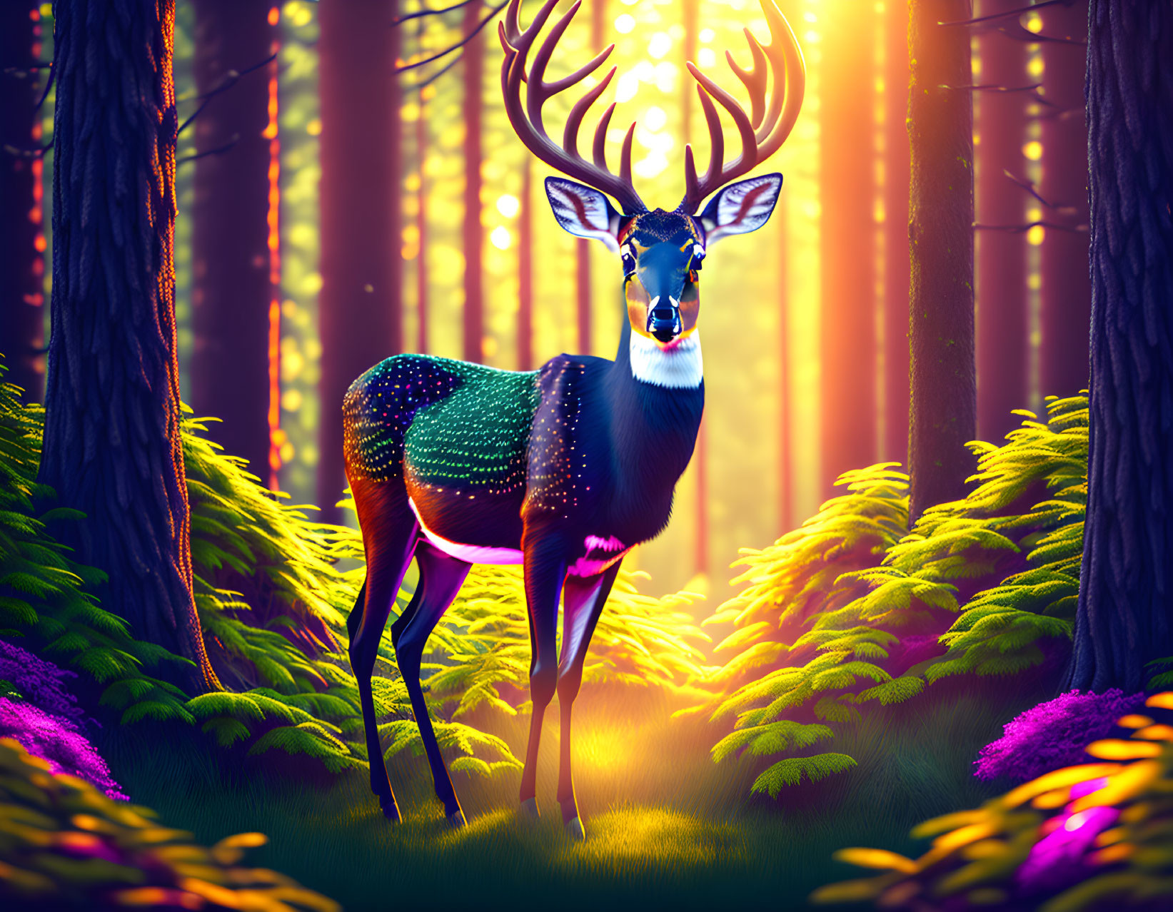 Mystical deer with glowing spots in vibrant forest with sunbeams