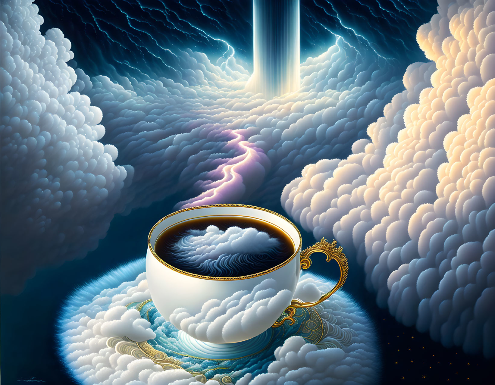 Surreal porcelain cup with swirling coffee vortex in cloudy sky