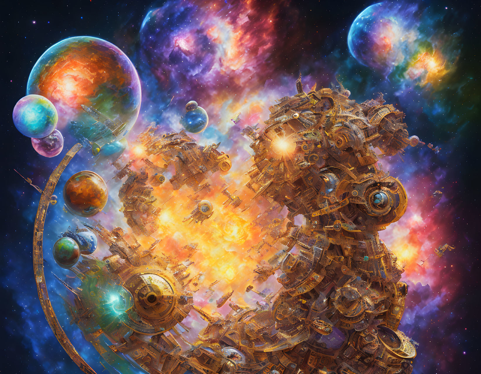 Colorful cosmic scene with intricate mechanical structure and planets in starry space