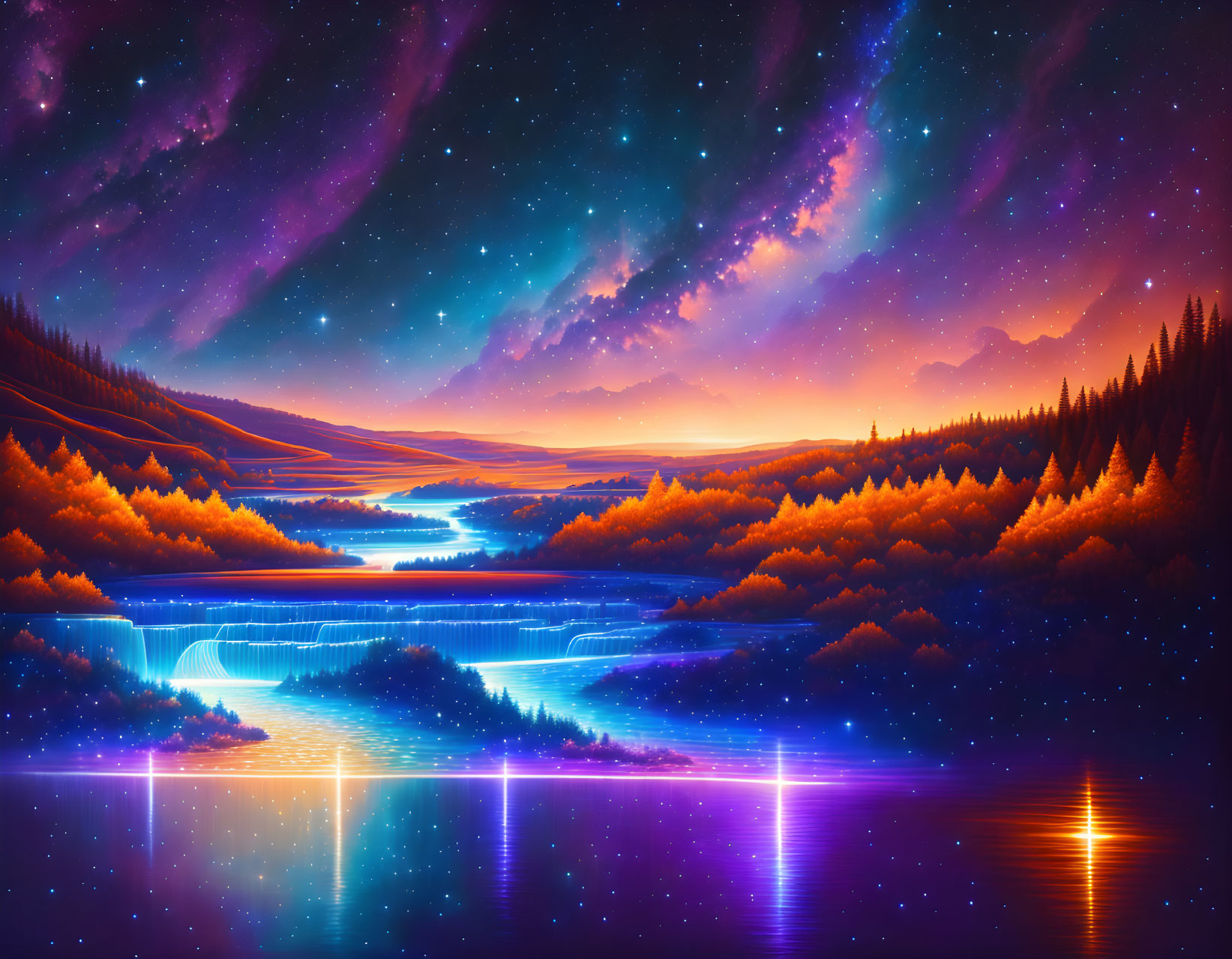 Surreal landscape digital artwork: starry skies, luminous waterfalls, autumnal forests,