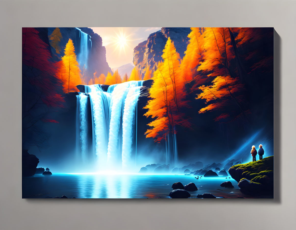 Surreal autumnal waterfall scene with vibrant orange trees and figures