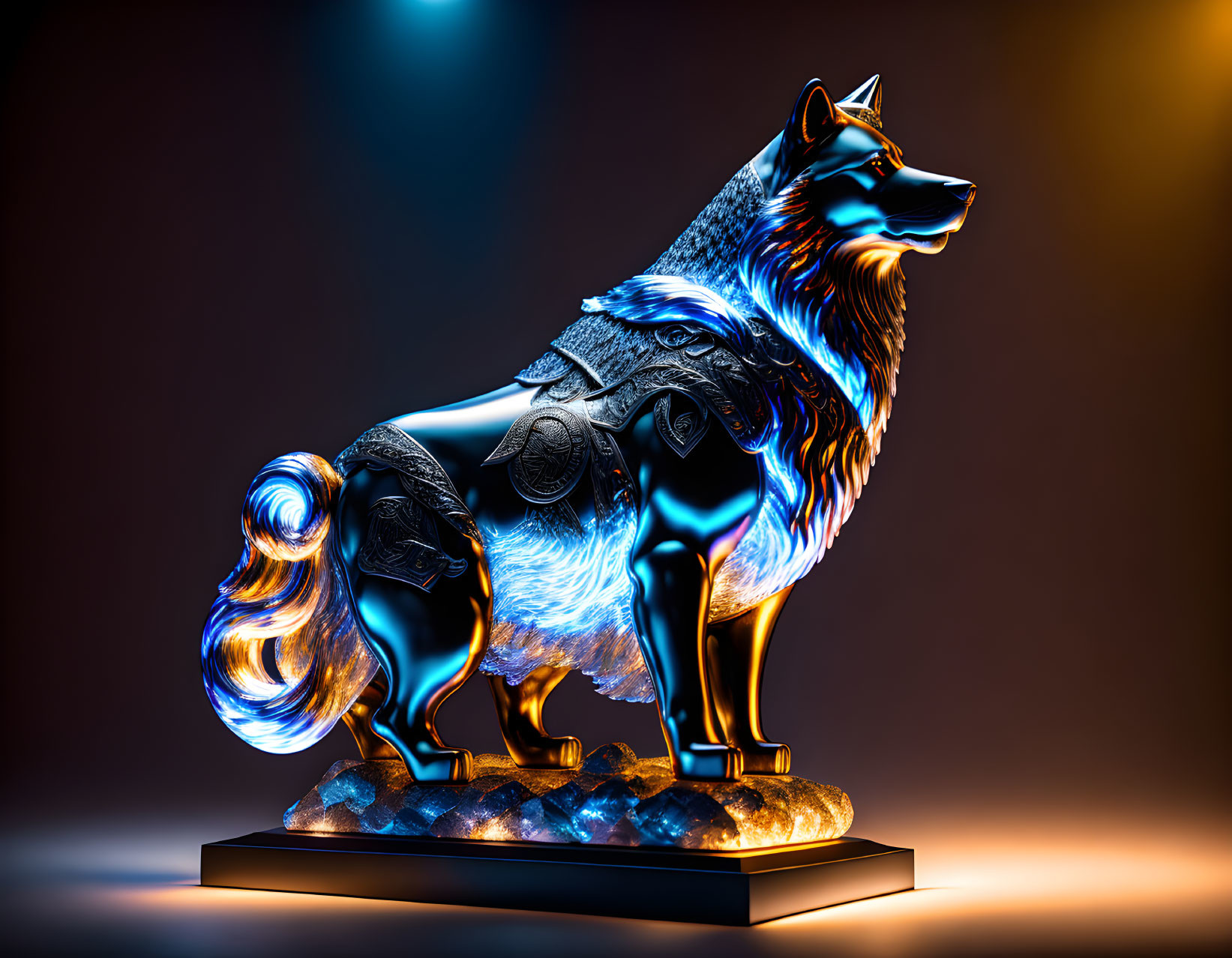 Stylized Wolf Sculpture in Blue and Orange Hues