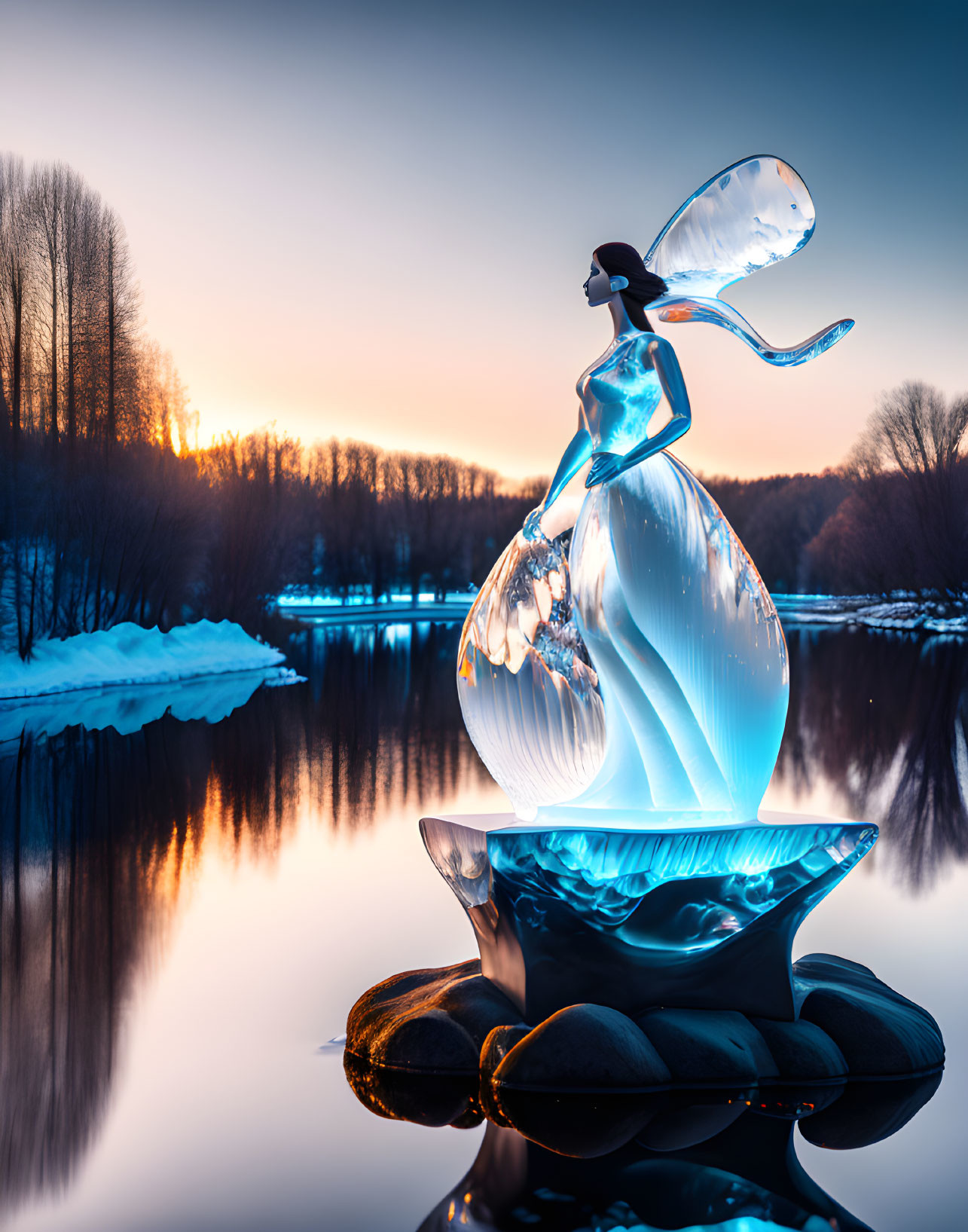 Glass sculpture of woman by tranquil lake at sunset with trees and snow reflections