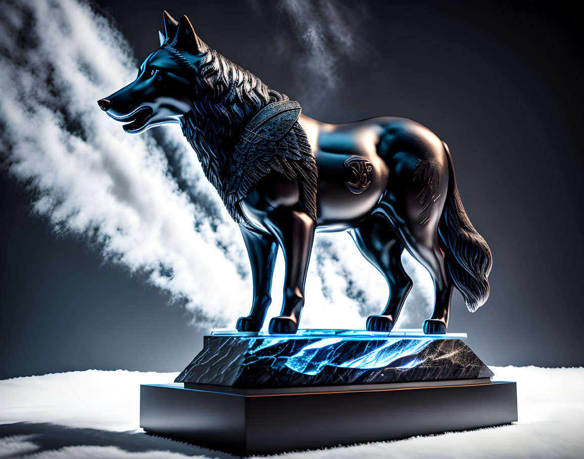 Metallic Wolf Statue with Engravings on Marble Pedestal in 3D Render