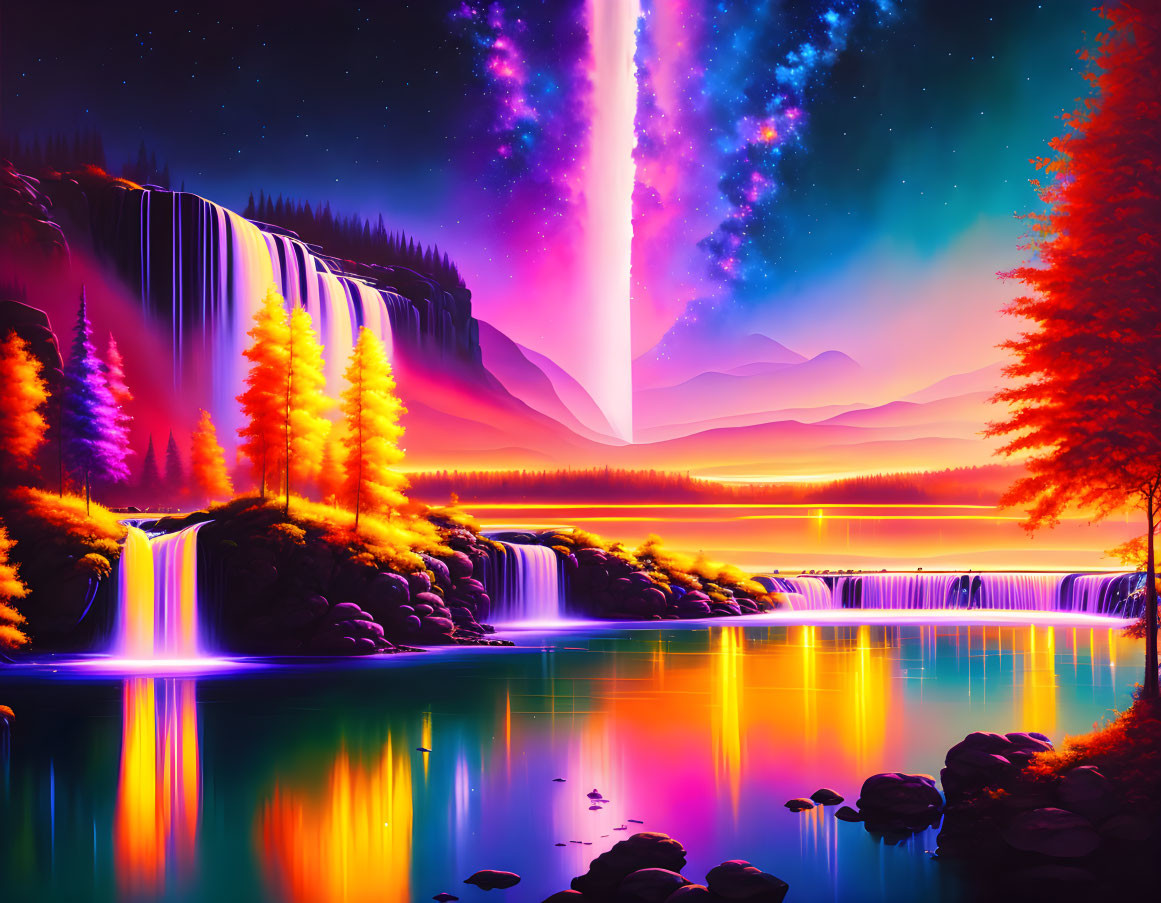 Colorful Landscape with Waterfalls, River, Autumn Trees, and Starry Sky