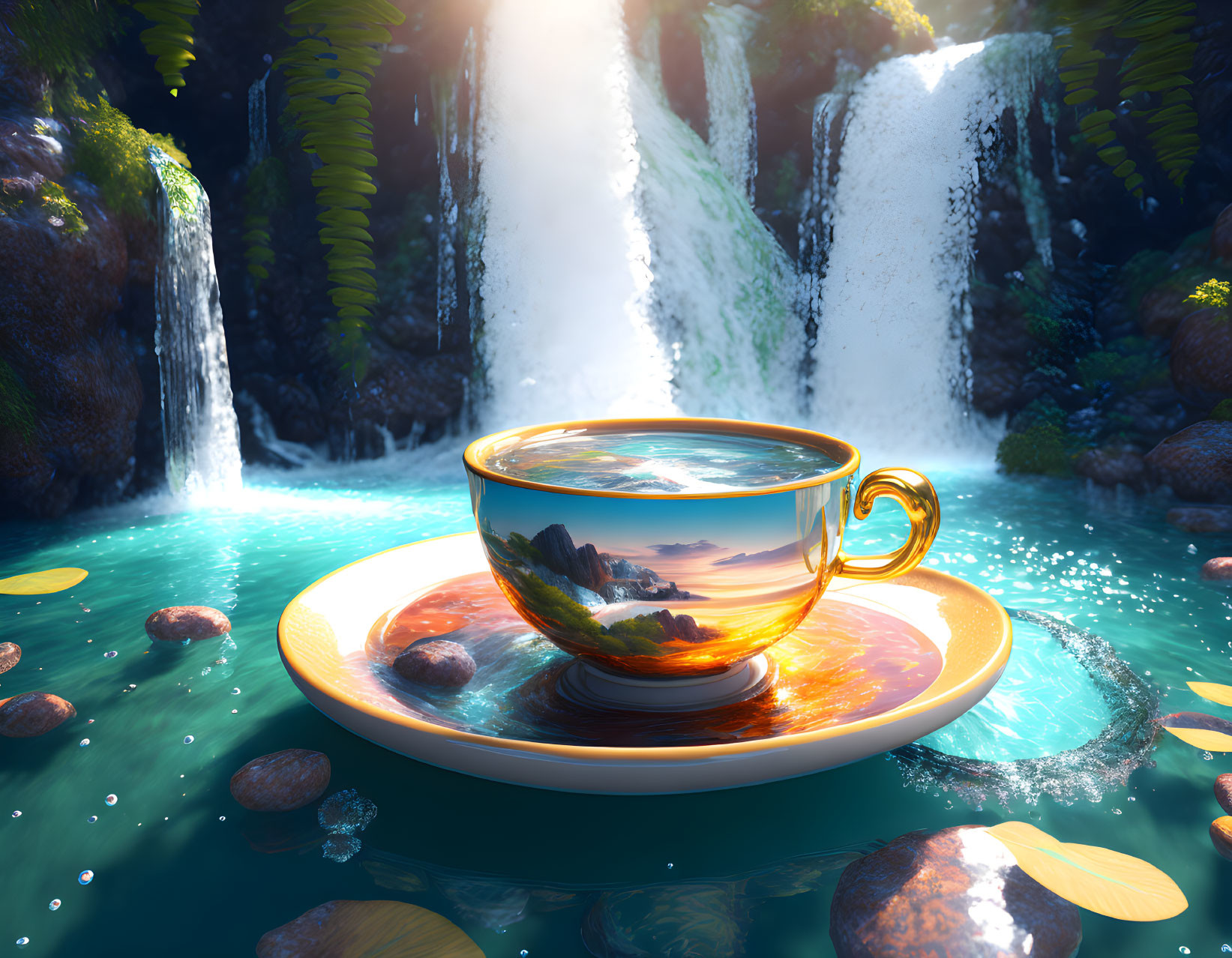 Surreal digital artwork: ornate cup and saucer on reflective pond