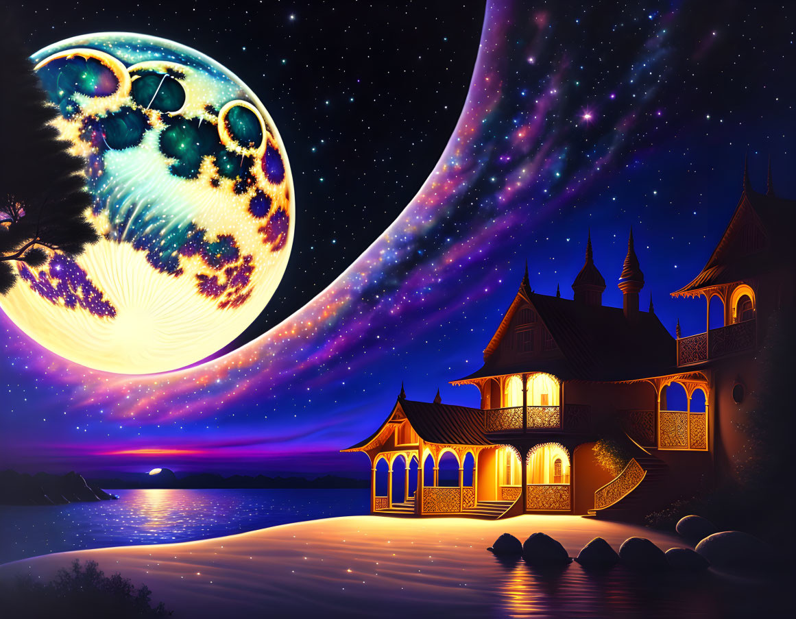 Detailed Moon and Castle Night Scene by Serene Lakeshore